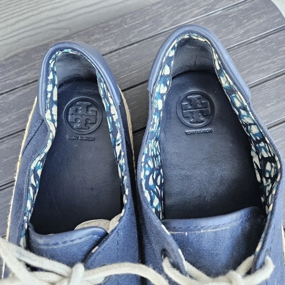 Tory Burch Platform Espadrille Sneakers Navy Blue Canvas & Jute Women's Size 11